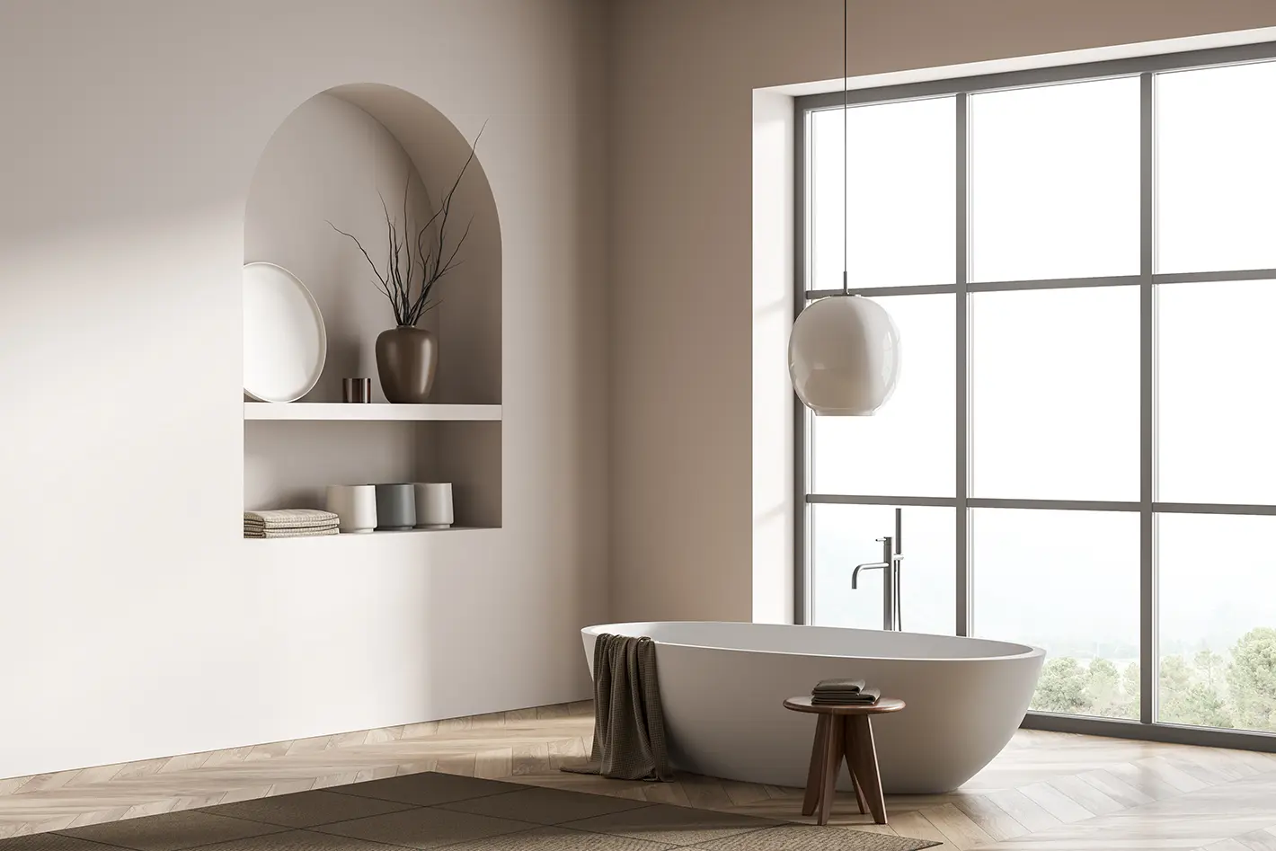 Ein modernes Badezimmer mit freistehender Badewanne